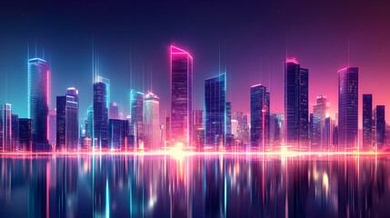 Fototapeta premium Neon Skyline at Dusk with Reflections in Water