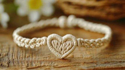 Handcrafted Natural Fiber Bracelet with Heart Design on Rustic Wooden Surface Surrounded by Floral Elements for Bohemian Style Accessory Photography