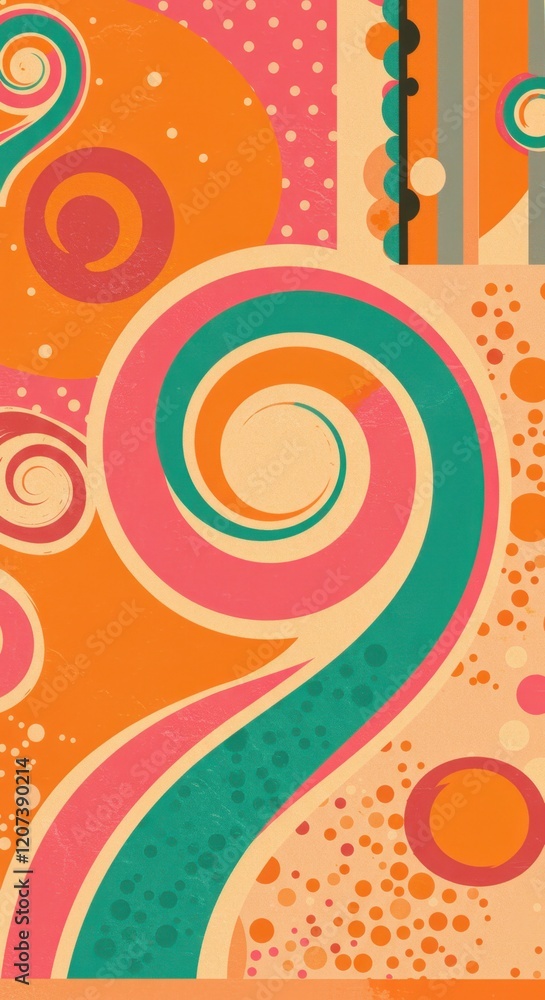Poster colorful abstract geometric pattern with swirls and dots in retro 1970s style