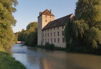 Obraz premium A large stone building is situated right on the shore of a river
