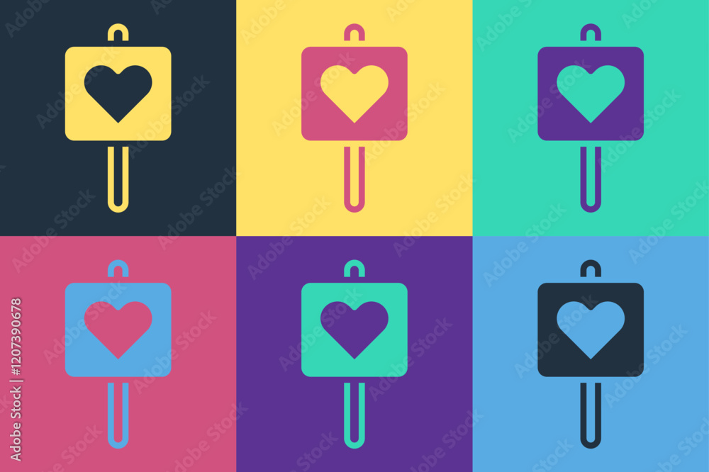 Poster pop art map pointer with heart icon isolated on color background. valentines day. love location. rom