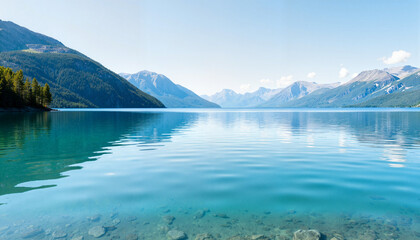 Fototapeta premium Tranquil lake reflecting mountains under clear sky, serene beauty