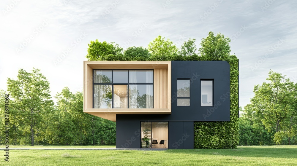 Poster modern architectural design of a unique house surrounded by lush greenery with a minimalist aestheti