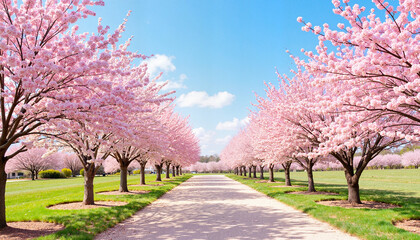 Cherry blossom avenue under clear blue sky, serene beauty