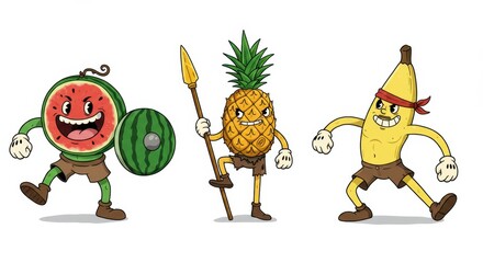 Obraz premium Cartoon fruit warriors: watermelon, pineapple, and banana characters ready for battle