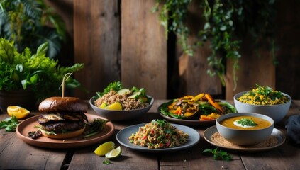 Vegan dishes featuring a grilled portobello mushroom burger, vibrant quinoa salad with roasted vegetables, and a warm, satisfying lentil soup.