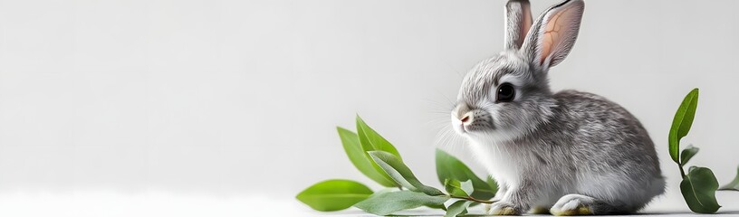 A cute grey rabbit sitting beside green leaves on a light background.