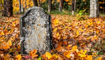 Weathered Headstone Amidst Autumn Leaves