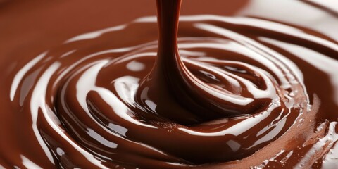 A stream of rich melted chocolate dripping elegantly against a white background, with smooth, glossy trails forming a delicious and inviting visual.