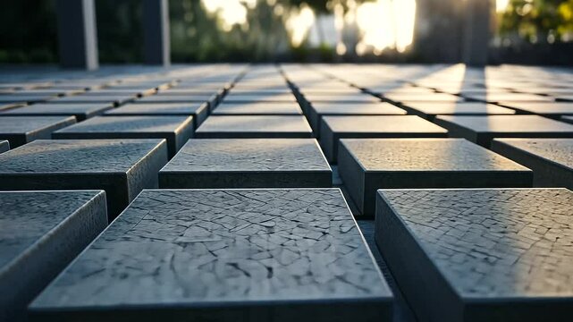 A detailed shot of interlocking concrete blocks in a modern, outdoor construction setting.