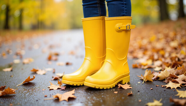 Cheerful yellow rain boots on wet pavement with autumn leaves, vibrant mood