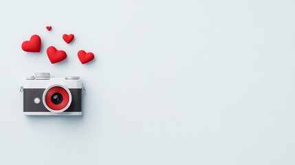 Romantic Photography Concept Featuring a Vintage Camera with Red Hearts on a Soft Background for Love and Memories
