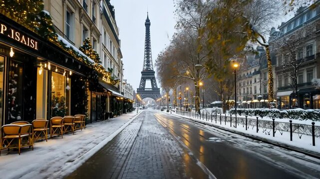 Snowy Paris Street with Eiffel Tower Magical Winter Scene at Cozy Cafe