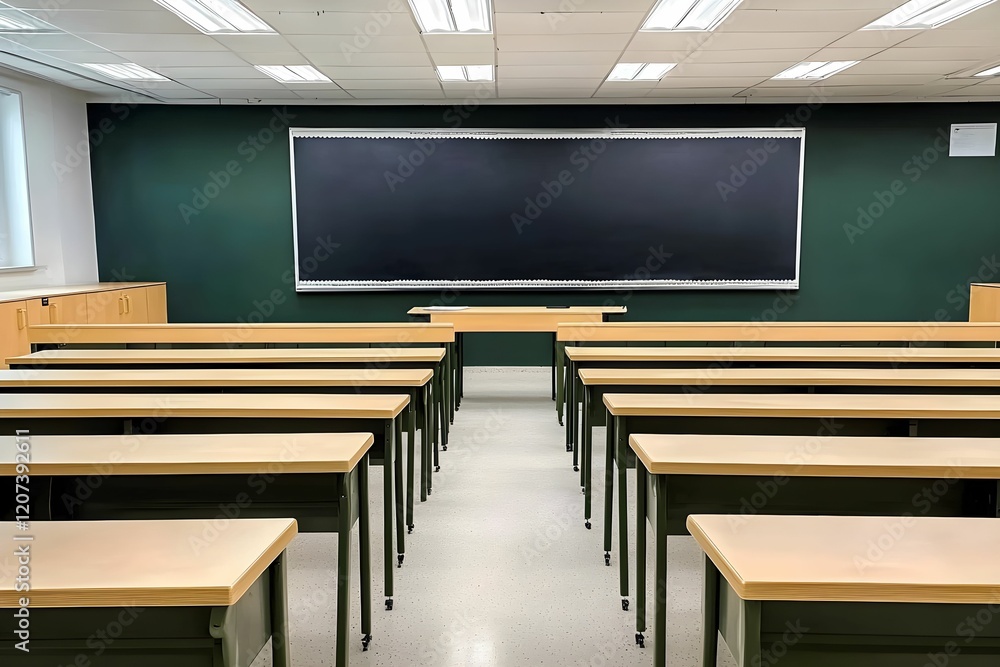 Poster classroom setup with empty desks and blackboard