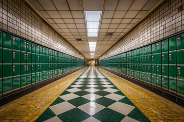 Vibrant green lockers in school hall