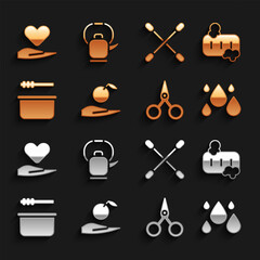 Set Apple in hand, Bar of soap with foam, Water drop, Scissors, Sauna bucket ladle, Cotton swab for ears, Heart and Kettle handle icon. Vector