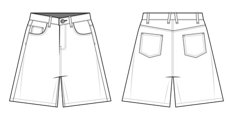 Denim shorts technical fashion illustration. Retro Jorts fashion vector template. Front and back view. Casual Streetwear.  Baggy loose fit. Men’s wear. CAD mockup set.