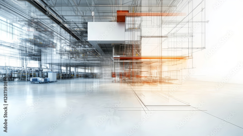 Aufkleber modern industrial space with abstract construction lines and bright overlays for innovative design c