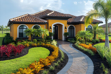 Naklejka premium Luxury Mediterranean-style house with vibrant landscaping and curved walkway