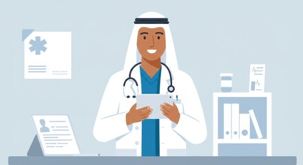 Smiling doctor in hospital office holding tablet in modern medical setting