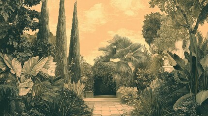 Vintage style poster of botanical garden. Greenhouse with various green plants illustration. Vintage style and natural colors.