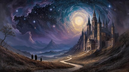 Majestic castle on a hill, two figures walking towards it, magical starry sky, fantasy landscape
