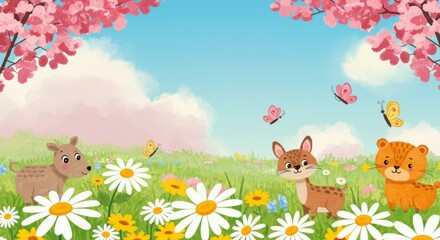Naklejka premium Whimsical spring meadow with cute animals and cherry blossoms under blue sky