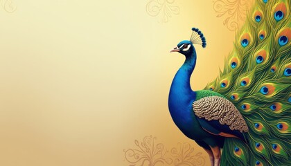 Vibrant Peacock Against Intricate Floral Background: Blues, Greens, and Purples Against Delicate Designs