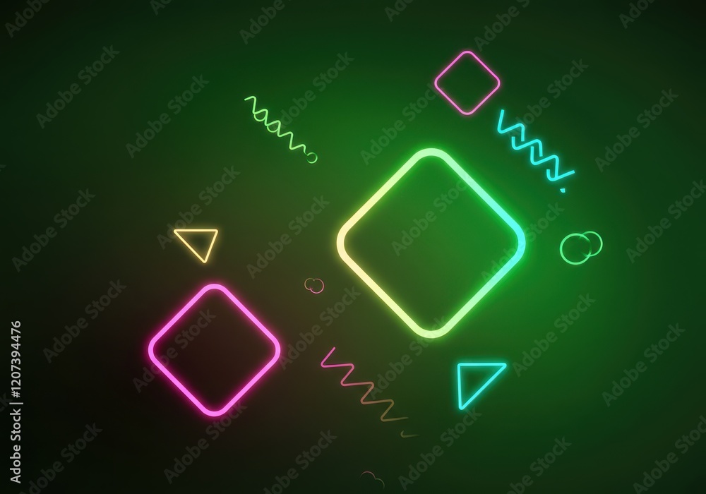 Poster glowing neon geometric shapes on dark background with abstract pattern