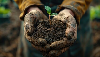 Dirty hands gently hold a small seedling and soil