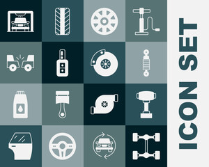 Set Chassis car, Gear shifter, Shock absorber, Alloy wheel for, Car key with remote, accident, wash and brake disk caliper icon. Vector
