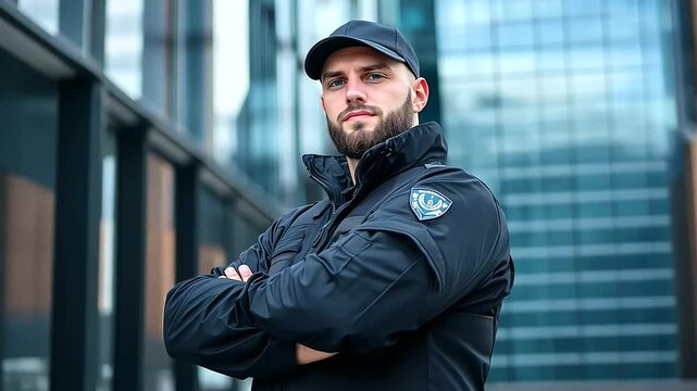 A security guard in a uniform, standing confidently with crossed arms in front of a modern office building.