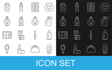 Set line Cream or lotion cosmetic tube, Bottle of shampoo, Perfume, Eye shadow palette, Spray can for hairspray, Antiperspirant deodorant roll and icon. Vector