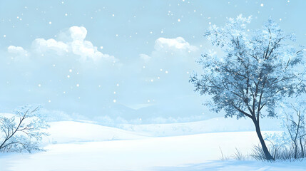 Serene Winter Landscape with Snowfall and Bare Tree in Blue Hues