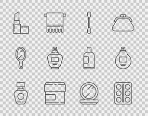 Set line Perfume, Eye shadow palette, Cotton swab for ears, Cream lotion cosmetic tube, Lipstick, Makeup powder with mirror and icon. Vector