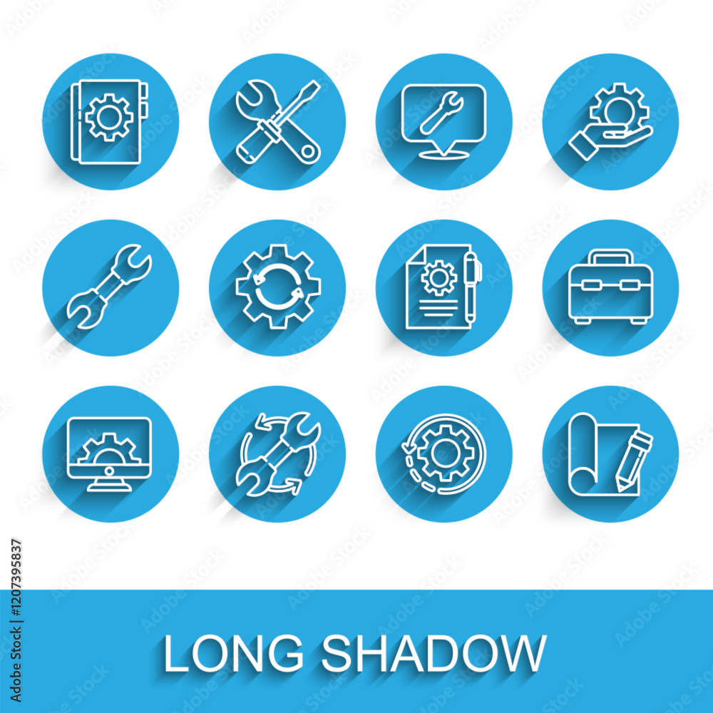 Poster set line computer monitor and gear, wrench arrows as workflow, user manual, gear, graphing paper pen