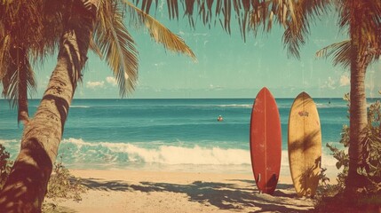Vintage beach poster with surfboards, waves and a laid-back 1960s California vibe. It represents the sea, relaxation, and travel.