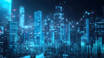Futuristic City Skyline with Financial Graph Overlay at Night
