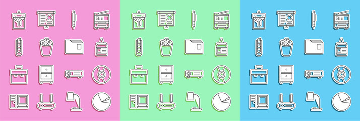 Set line Pie chart infographic, CD or DVD disk, Glue, Pen, Full trash can, Stationery knife, Calendar and Document folder icon. Vector