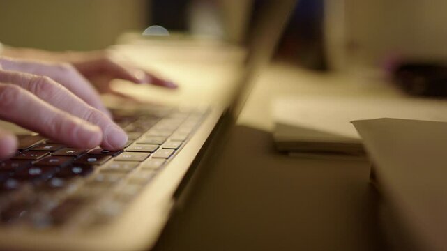Online scammer typing fast on laptop keyboard, side view shallow focus pan