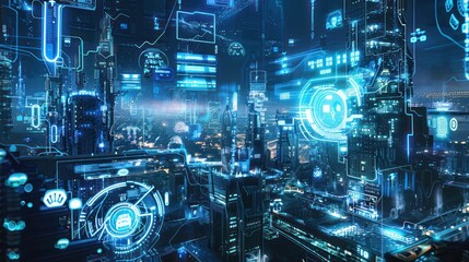 Fototapeta premium Futuristic Cityscape with Digital Overlays