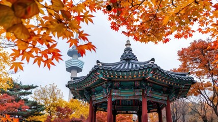 Fototapeta premium Autumnal View of a Traditional Korean Pavilion
