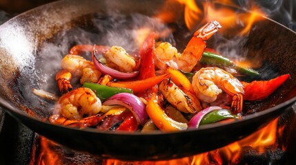 A super slow-motion shot of a wok pan in action, with shrimp, bell peppers, and onions flipping mid-air as the flames beneath the wok flicker intensely