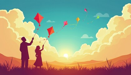 Man and Woman Flying Kites Against a Setting Sun Skyline in a Field