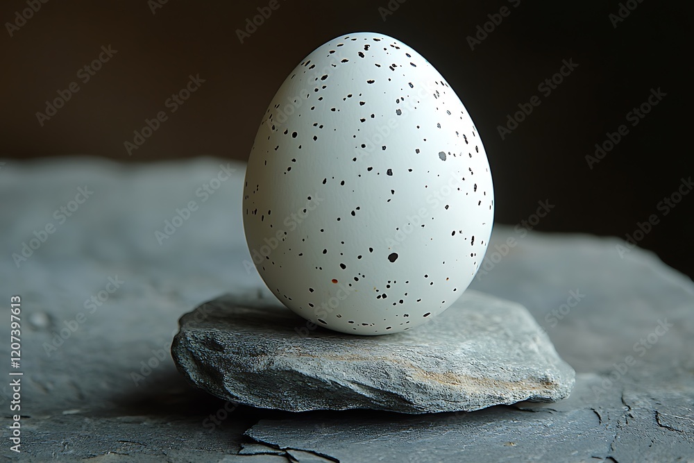 Wall mural A delicate white bird egg speckled with black rests on a gray slate rock.