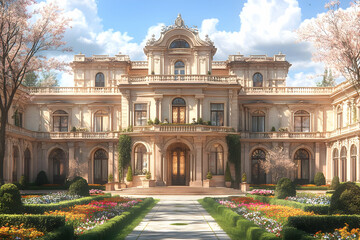 Fototapeta premium Grand Palace with Spring Blossoms and Colorful Gardens