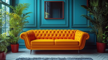 Obraz premium Stylish Living Room with a Yellow Couch and Plants