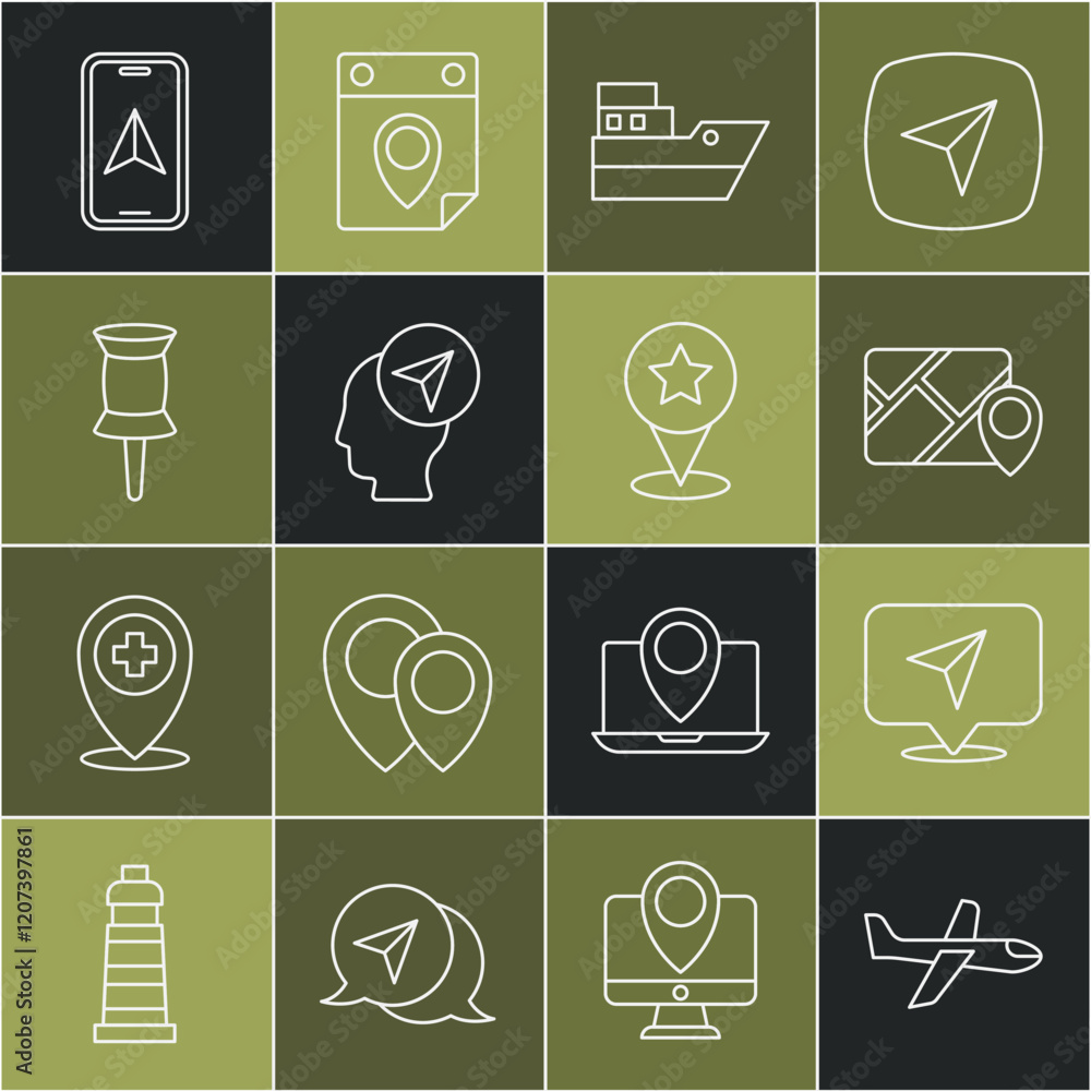 Poster set line plane, infographic of city map navigation, ship line path, location with person, push pin, 