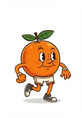 Cheerful cartoon orange mascot in sneakers and shorts with cute expression