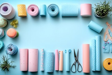 Arts and crafts supplies frame on blue background with copy space